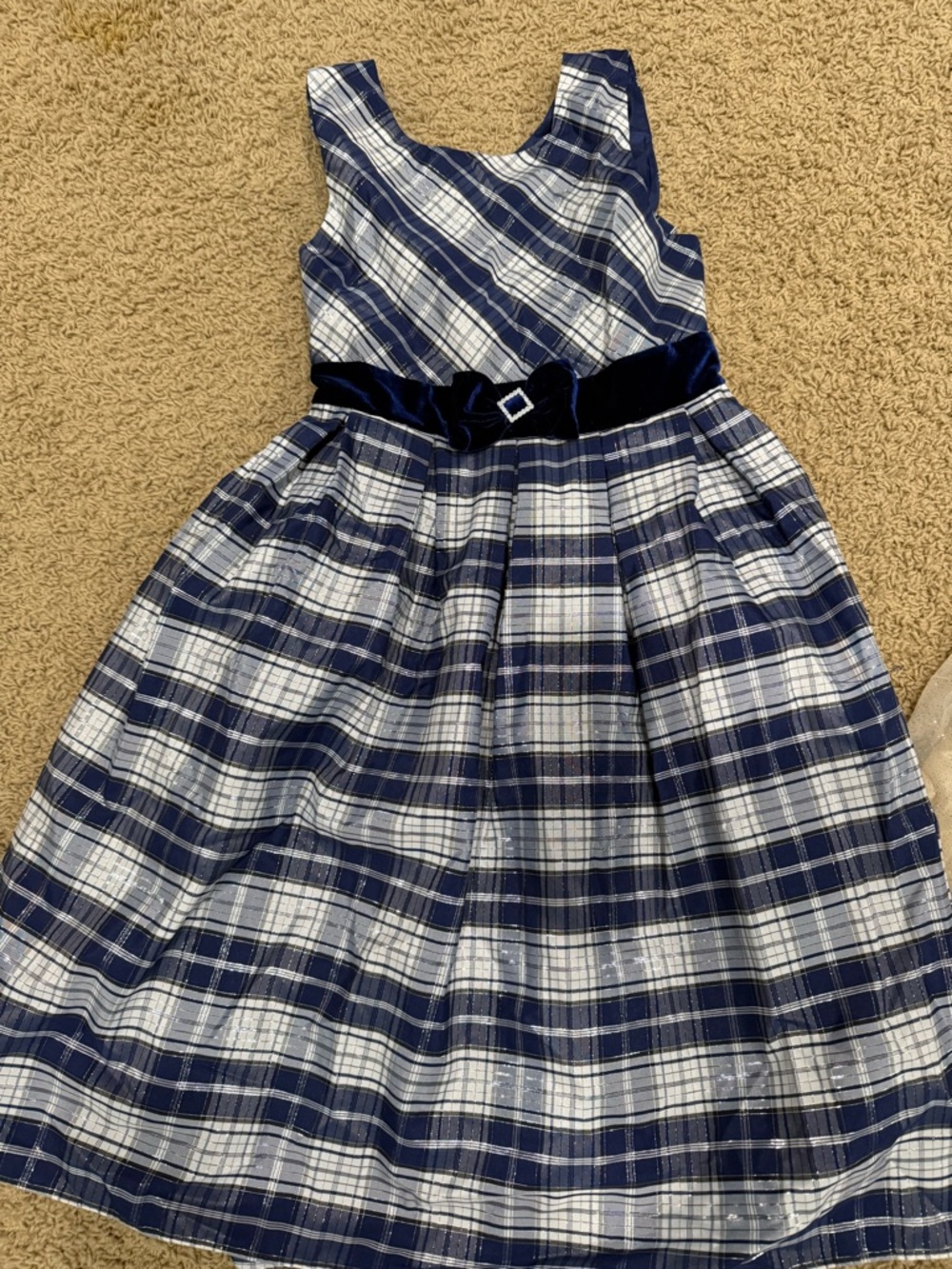 Jona Michelle Navy and White Plaid Formal Dress with Velvet Belt